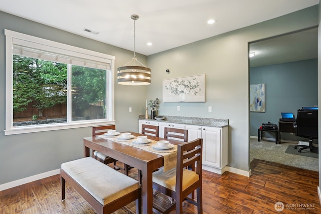 25510 SE 275th Pl, Maple Valley, WA 98038 - dining room featuring dark wood-type flooring, baseboards, a desk, and recessed lighting