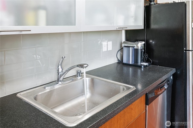 4547 8th Ave NE Unit 308, Seattle, WA 98105 - kitchen with dark countertops, appliances with stainless steel finishes, decorative backsplash, and a sink