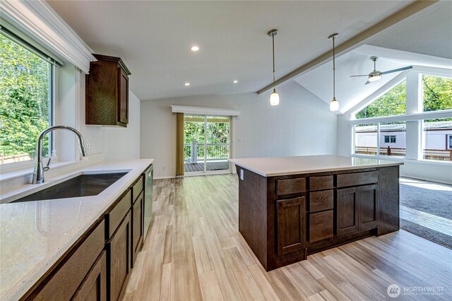 kitchen featuring vaulted ceiling with beams, light wood-style floors, dark brown cabinets, dishwasher, and a sink