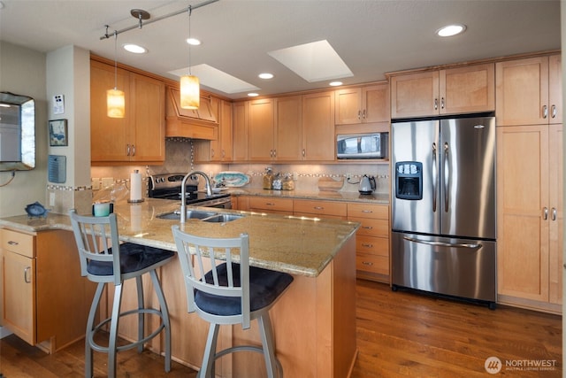192 Fay Ln, Camano Island, WA 98282 - kitchen featuring a sink, a peninsula, dark wood-style floors, and stainless steel appliances