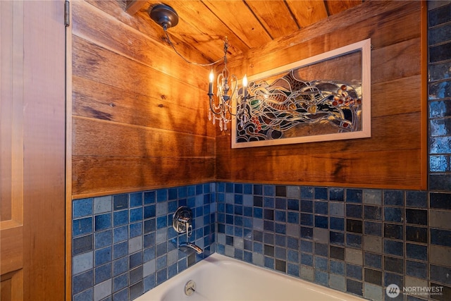 3123 Fairview Ave E Unit 2, Seattle, WA 98102 - full bath featuring an inviting chandelier, wood ceiling, a shower, and a tub to relax in
