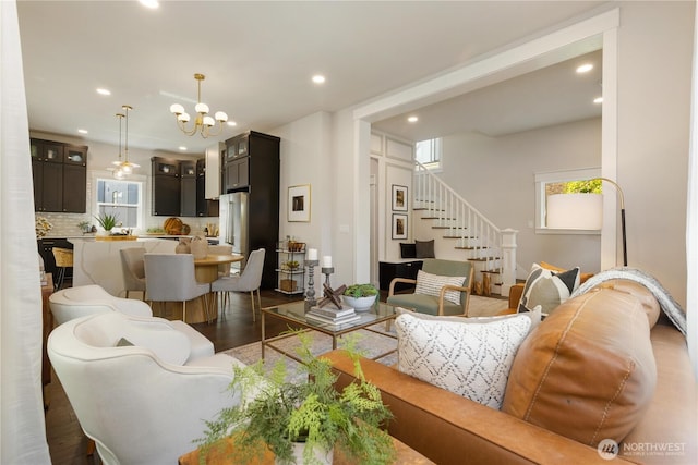 421 Malden Ave E, Seattle, WA 98112 - living area featuring recessed lighting, a chandelier, stairs, and wood finished floors