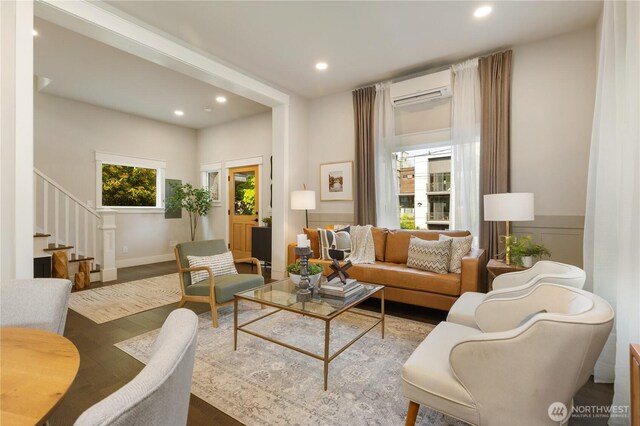 421 Malden Ave E, Seattle, WA 98112 - living area with an AC wall unit, recessed lighting, stairs, and wood finished floors