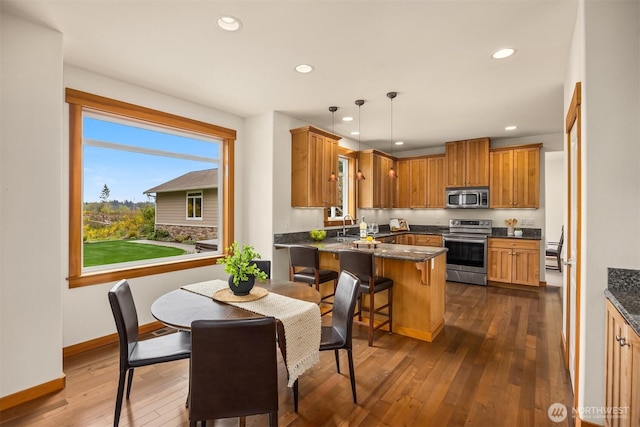 kitchen featuring baseboards, a peninsula, stainless steel appliances, recessed lighting, and dark wood-type flooring