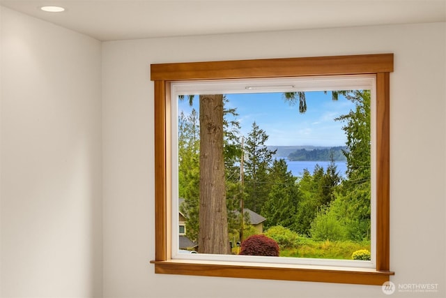 room details featuring a water view and recessed lighting