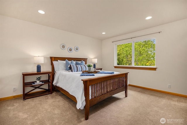 bedroom featuring carpet floors, recessed lighting, and baseboards