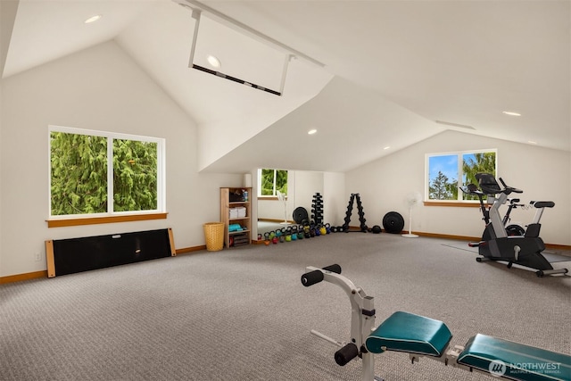 workout area featuring baseboards, carpet flooring, lofted ceiling, and recessed lighting