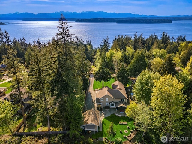 drone / aerial view with a water and mountain view