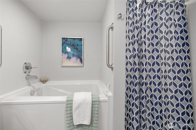 full bathroom with a shower with curtain and a garden tub