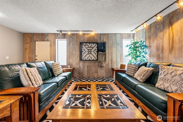 living area with rail lighting, a textured ceiling, and wood walls