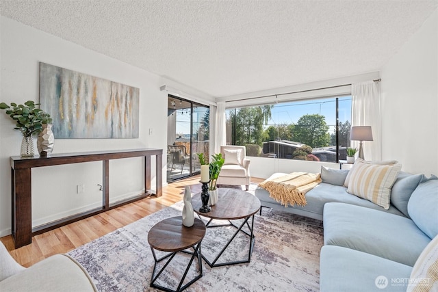 living room with a textured ceiling, baseboards, and wood finished floors