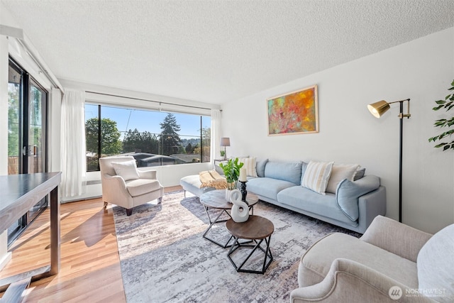 living room featuring plenty of natural light, a textured ceiling, and light wood finished floors