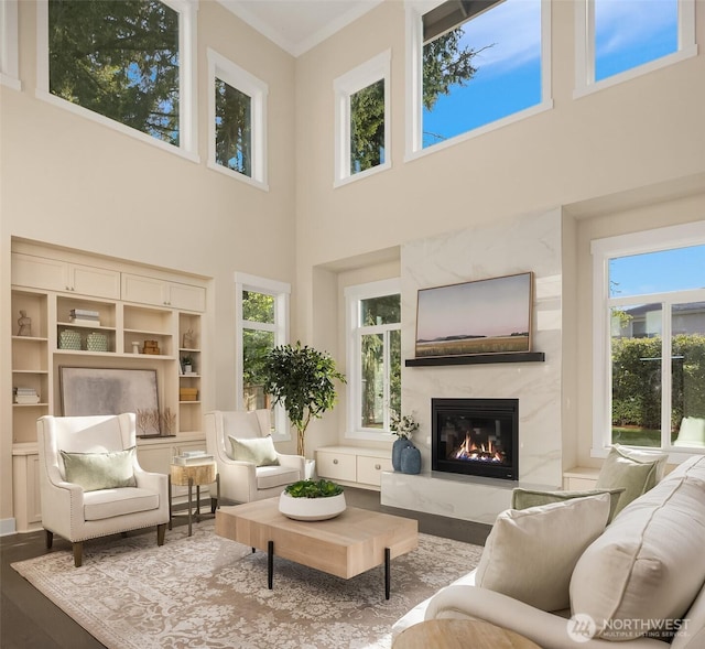 living room with a high end fireplace, a high ceiling, wood finished floors, and ornamental molding