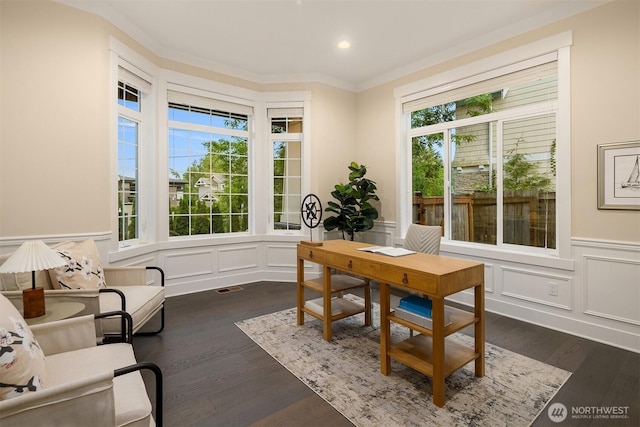 office space with a decorative wall, a wainscoted wall, healthy amount of natural light, recessed lighting, and dark wood-style flooring