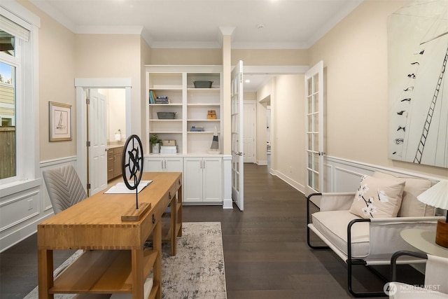 office area with ornamental molding and dark wood-style floors
