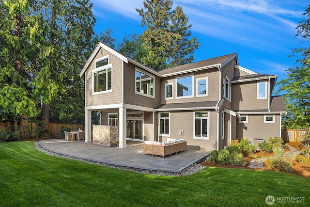 rear view of property featuring a patio area, central AC unit, and outdoor lounge area