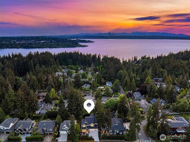 aerial view of residential area with a water and mountain view and a heavily wooded area