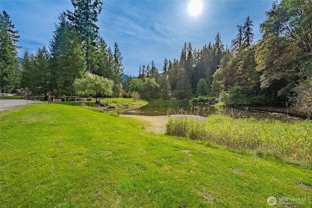 surrounding community with a water view and a wooded view