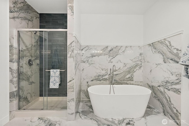 1322 114th St S, Tacoma, WA 98444 - full bath with a freestanding tub, tile walls, a shower stall, and marble finish floor
