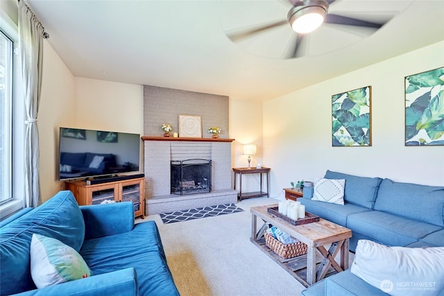 972 16th Ct, Mukilteo, WA 98275 - carpeted living area featuring a ceiling fan and a fireplace