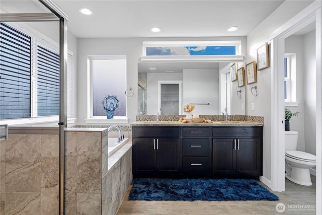 3804 193rd Pl SE, Bothell, WA 98012 - bathroom with a sink, toilet, wood finished floors, a stall shower, and a bath