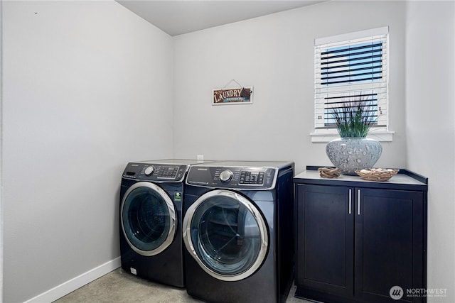 3804 193rd Pl SE, Bothell, WA 98012 - washroom featuring washing machine and clothes dryer, baseboards, and cabinet space