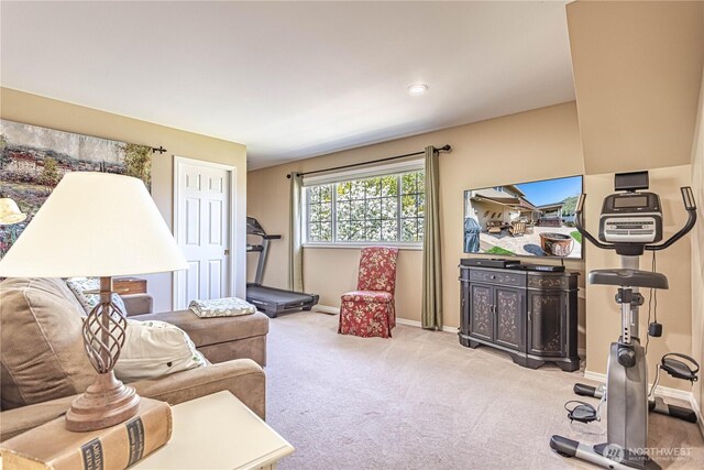 living room with baseboards and carpet floors