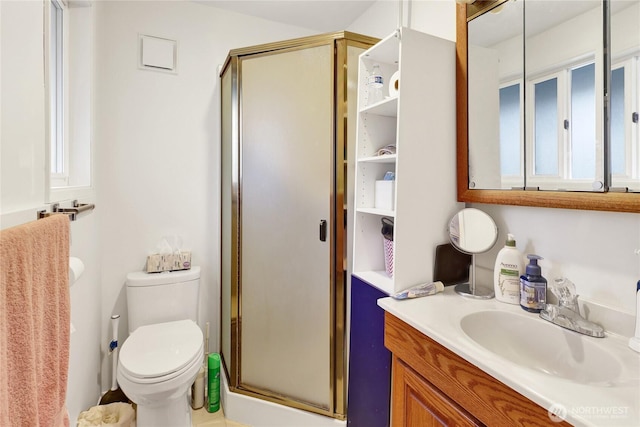bathroom featuring toilet, a shower stall, and vanity