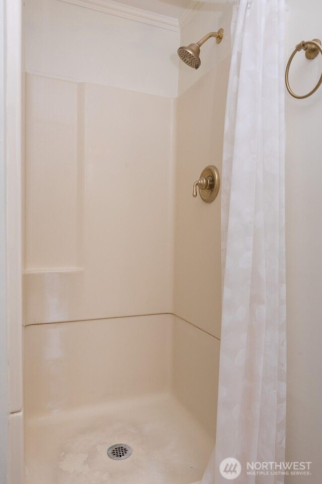 bathroom with ornamental molding and a shower stall