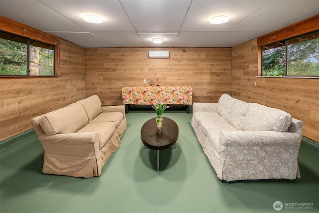 living area with wood walls