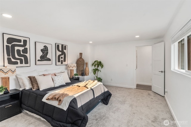 bedroom with baseboards, recessed lighting, and carpet flooring