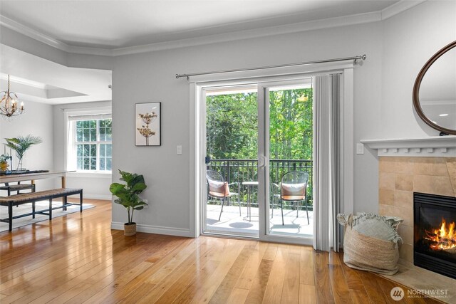 doorway to outside featuring light wood-style floors, crown molding, and a fireplace