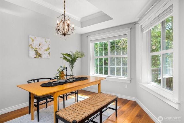 dining space with plenty of natural light, a notable chandelier, and hardwood / wood-style floors