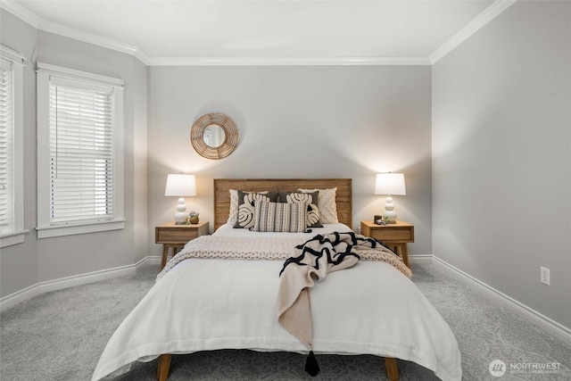 bedroom featuring carpet flooring, baseboards, and ornamental molding