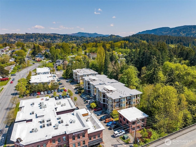 drone / aerial view featuring a forest view and a mountain view