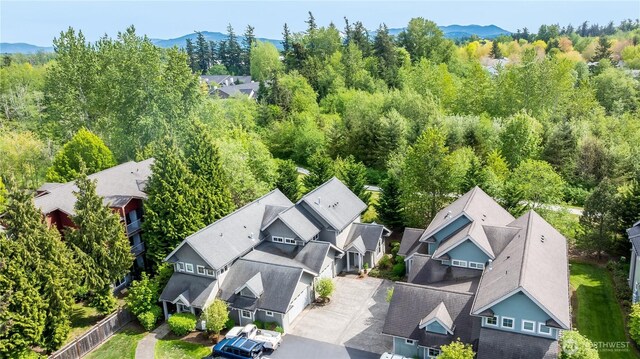 aerial perspective of suburban area with a mountain backdrop