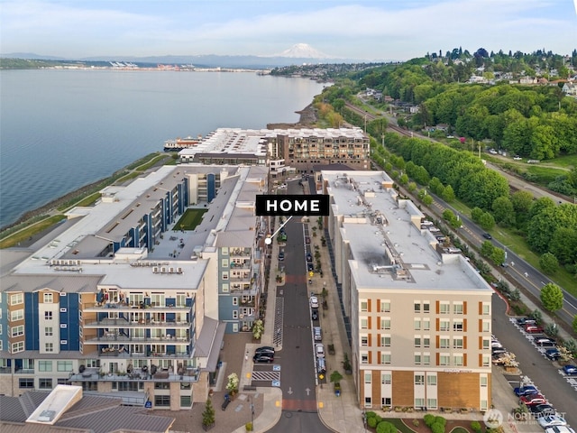 bird's eye view of a nearby body of water and apartment complex / building
