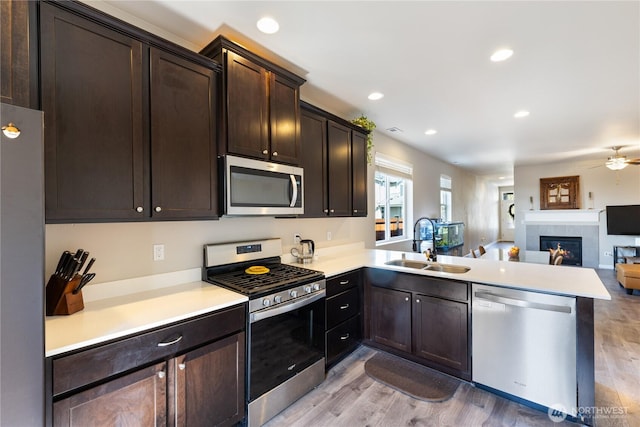 kitchen featuring a sink, appliances with stainless steel finishes, dark brown cabinets, open floor plan, and a peninsula