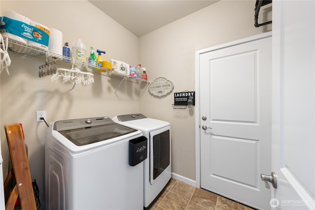 laundry room featuring baseboards, laundry area, and washing machine and dryer