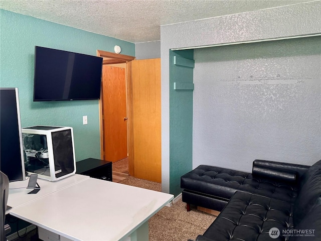 office space with a textured ceiling, a textured wall, and carpet floors