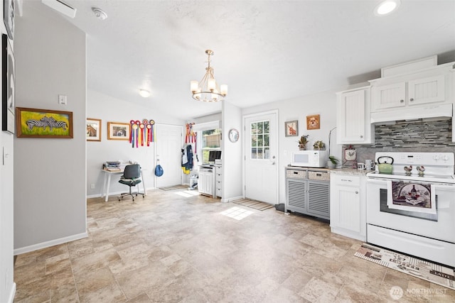 103 Secluded Way, Sequim, WA 98382 - kitchen featuring baseboards, under cabinet range hood, white appliances, a notable chandelier, and backsplash