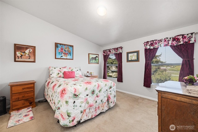 103 Secluded Way, Sequim, WA 98382 - bedroom with baseboards, light carpet, and lofted ceiling
