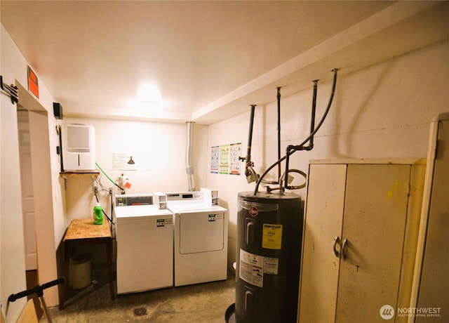laundry area with laundry area, washing machine and dryer, and electric water heater