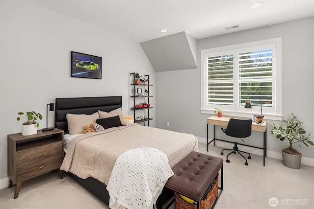 bedroom featuring baseboards, light carpet, recessed lighting, and visible vents