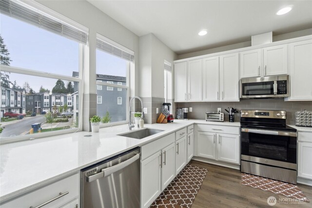 kitchen featuring decorative backsplash, white cabinets, a sink, dark wood finished floors, and stainless steel appliances