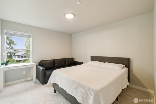 bedroom with baseboards and light carpet