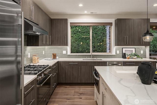 kitchen with dark brown cabinets, appliances with stainless steel finishes, a sink, dark wood finished floors, and under cabinet range hood