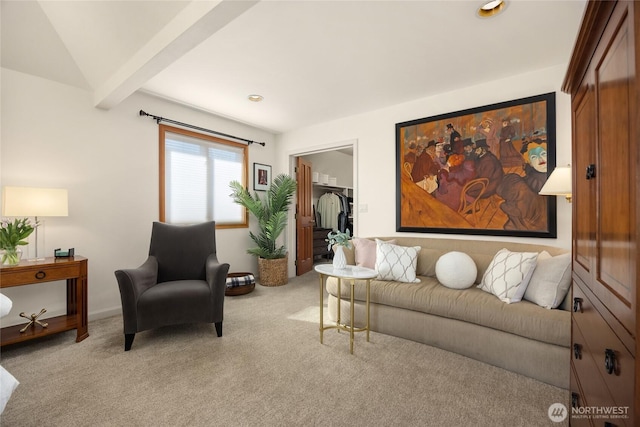 living area featuring recessed lighting, carpet, and beam ceiling