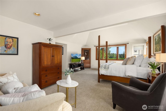 bedroom featuring light carpet, vaulted ceiling, and recessed lighting