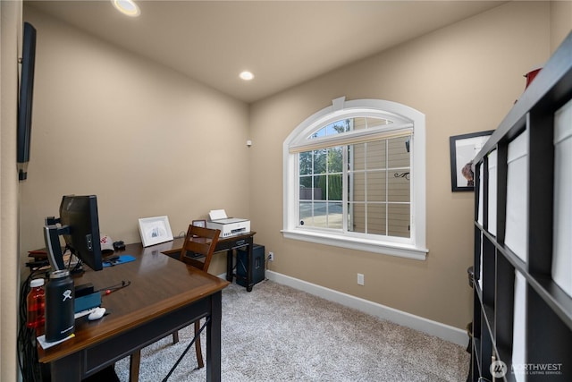 office featuring recessed lighting, carpet flooring, and baseboards